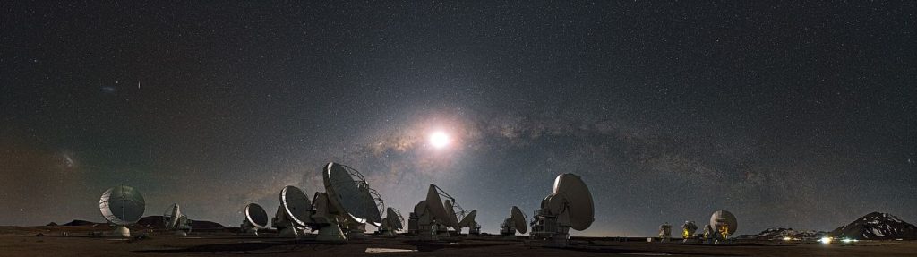 Large radio telescope dishes against the sky