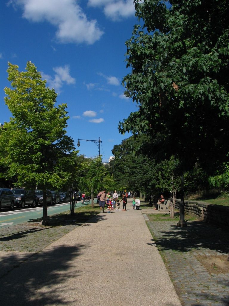 people walking together on park path