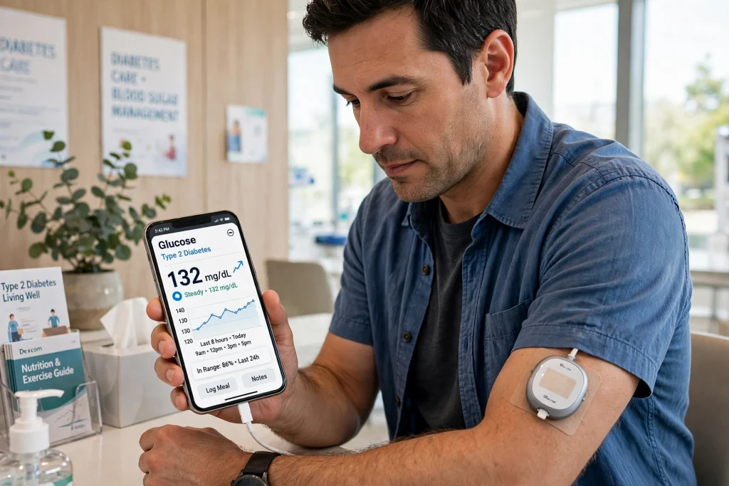Glucose Monitors Help Type 2 Diabetes Patients, Major Trial Finds Person with type 2 diabetes checking a continuous glucose monitor reading on a smartphone