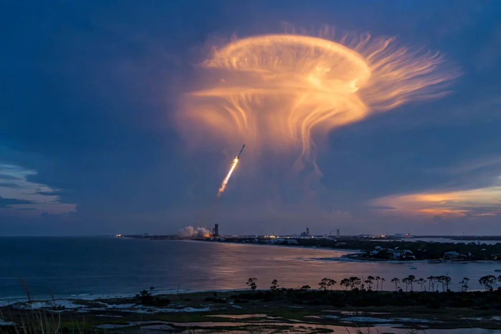 SpaceX Launch Creates Stunning Jellyfish Cloud Over US East Coast SpaceX rocket launch creating a glowing jellyfish cloud over the US east coast at twilight
